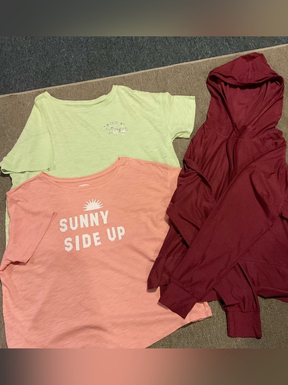 Old Navy Sunny Side Up Pink Tee + Light Green Tee + Burgundy Hoodie Bundle